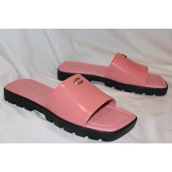 COACH‎ Women's Florence Printed C Lug-Sole Slip-On Slide Flat Sandals PINK 7 NEW - Picture 2 of 5